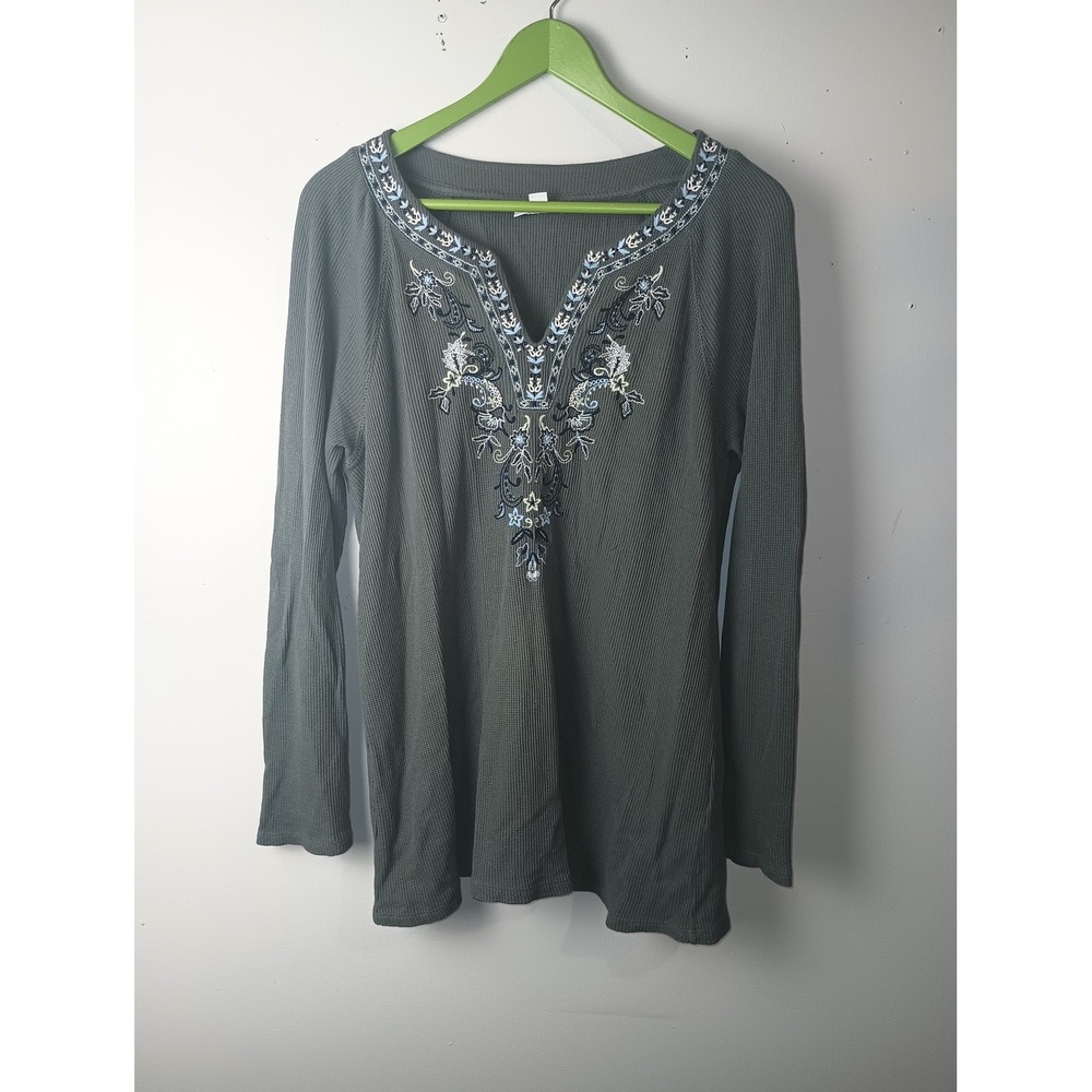 J. Jill Embroidered Thermal Knit Top Green Grey Waffle Long Sleeve Medium